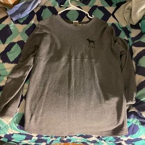 Gray varsity crew with cheetah print writing from PINK